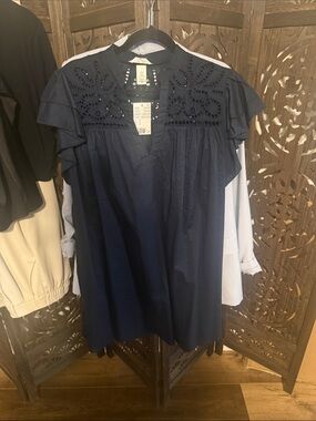 H&M Navy Eyelet Ruffle Short Sleeve Dress